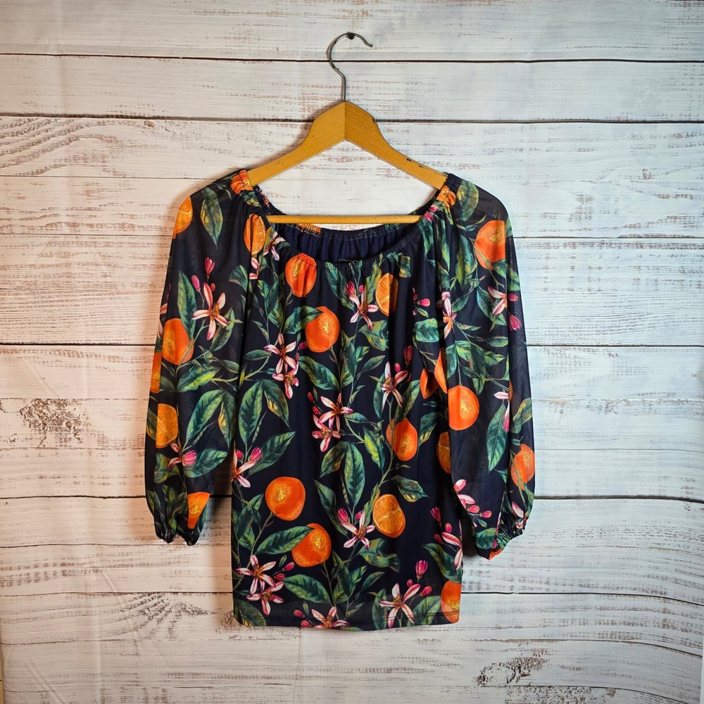 G By Giuliana XXS Off Shoulder Citrus Floral Blouse‎ Navy Print Balloon Sleeve
